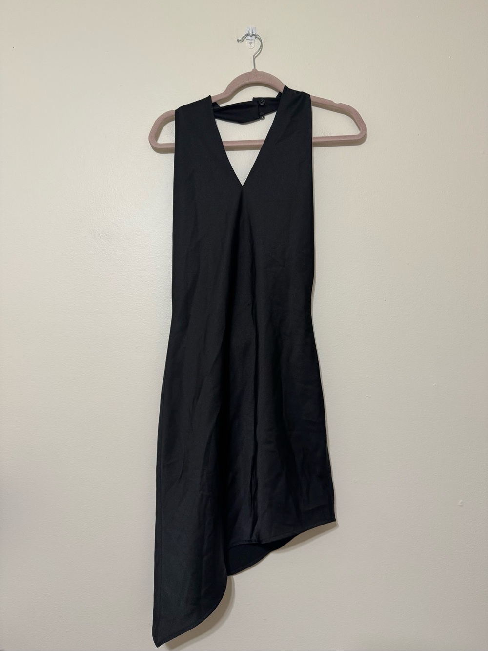 Fabrique Satin Black Asymmetrical V-Neck Halter Low Back Dress